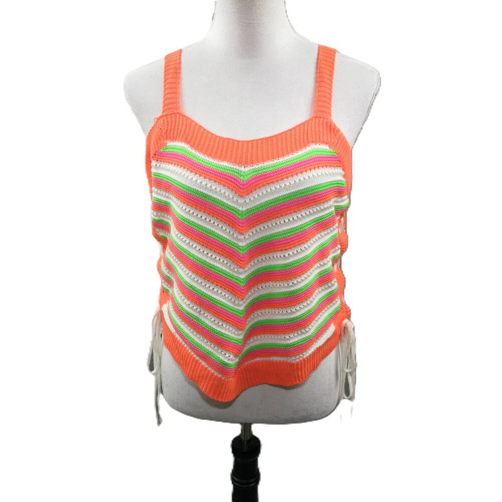 Davi & Dani Peach/Green Boho Crochet Tie Sides Cropped Tank Size Large